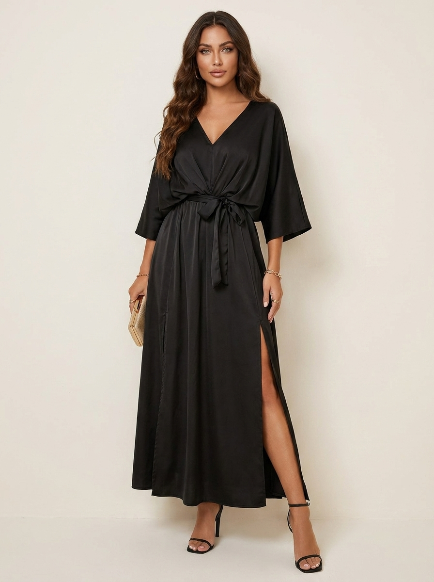 Women's Evening V-Neck Maxi Dress – Belted Batwing Sleeve High Slit Gown