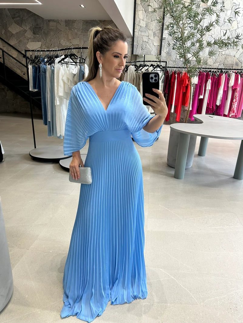 Women's Pleated Maxi Dress – Bell Sleeve Dress