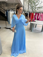 Women's Pleated Maxi Dress – Bell Sleeve Dress