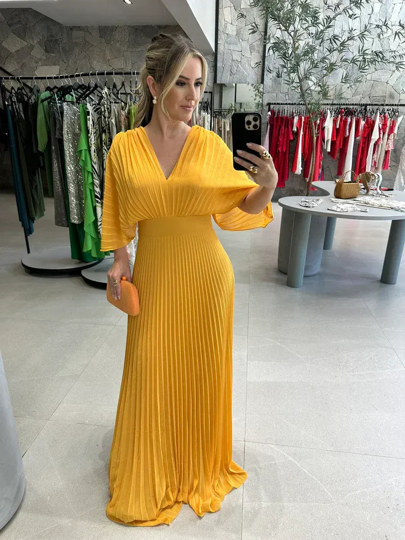 Women's Pleated Maxi Dress – Bell Sleeve Dress