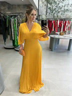 Women's Pleated Maxi Dress – Bell Sleeve Dress