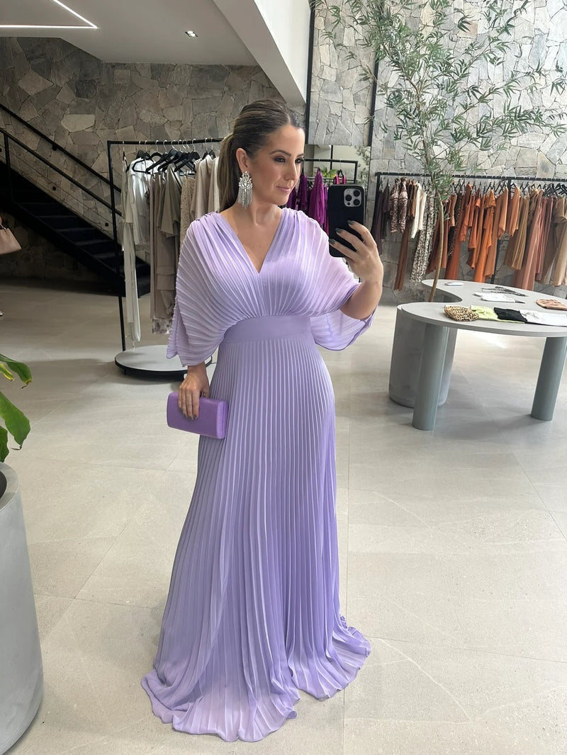 Women's Pleated Maxi Dress – Bell Sleeve Dress