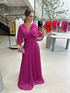 Women's Pleated Maxi Dress – Bell Sleeve Dress