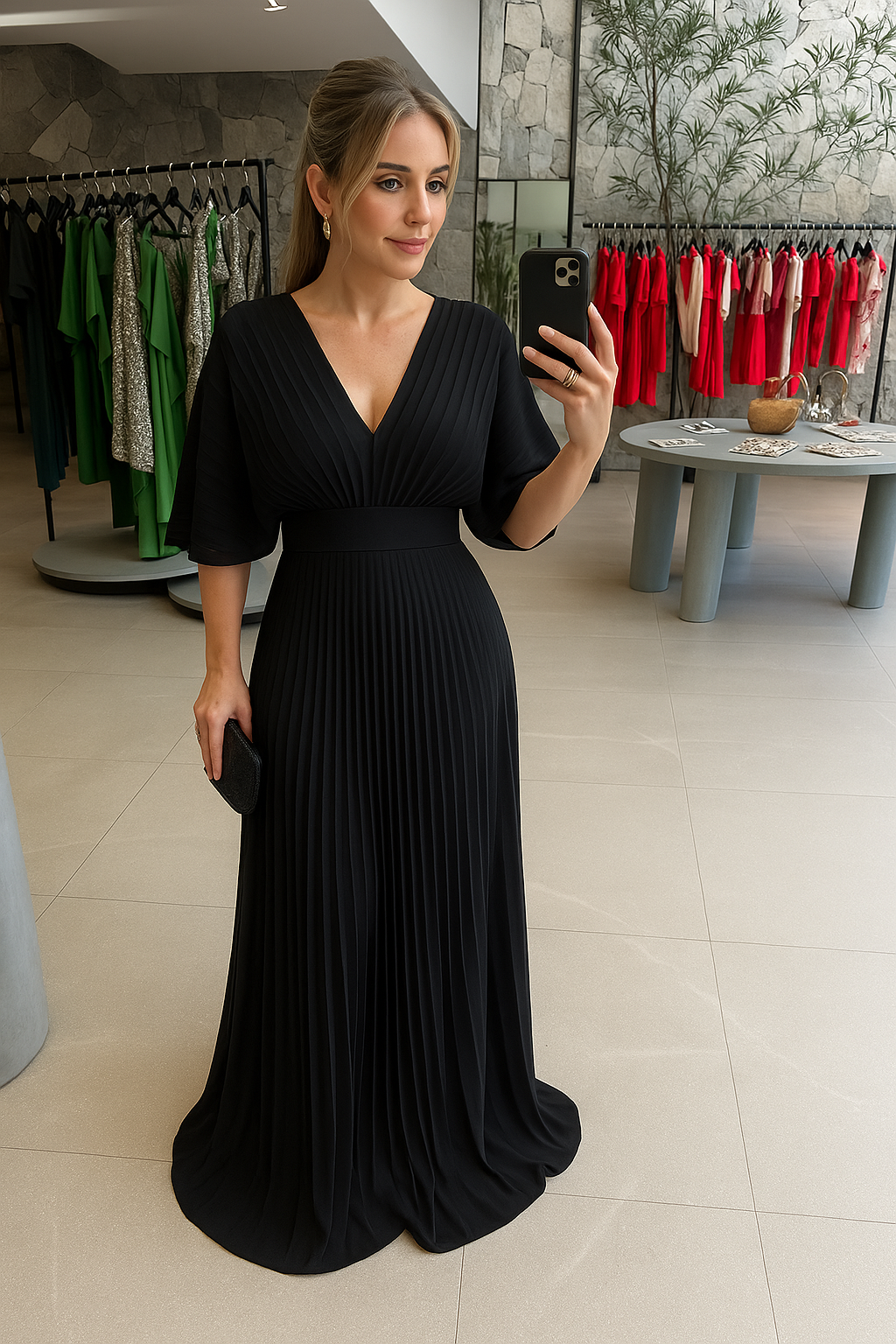 Women's Pleated Maxi Dress – Bell Sleeve Dress