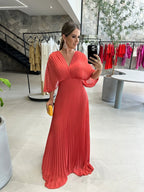 Women's Pleated Maxi Dress – Bell Sleeve Dress