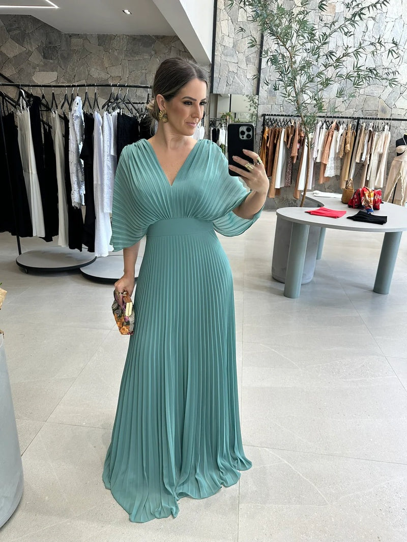 Women's Pleated Maxi Dress – Bell Sleeve Dress