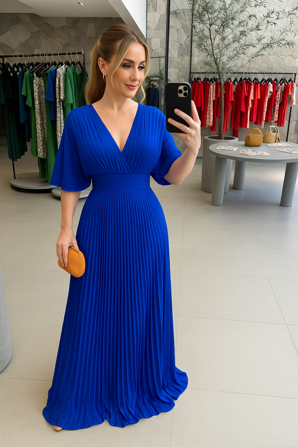 Women's Pleated Maxi Dress – Bell Sleeve Dress