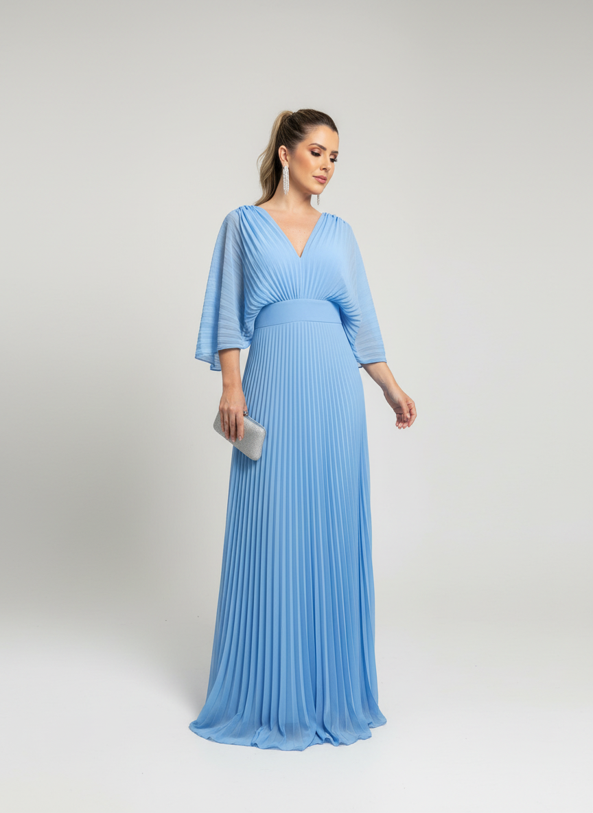 Women's Pleated Maxi Dress – Bell Sleeve Dress