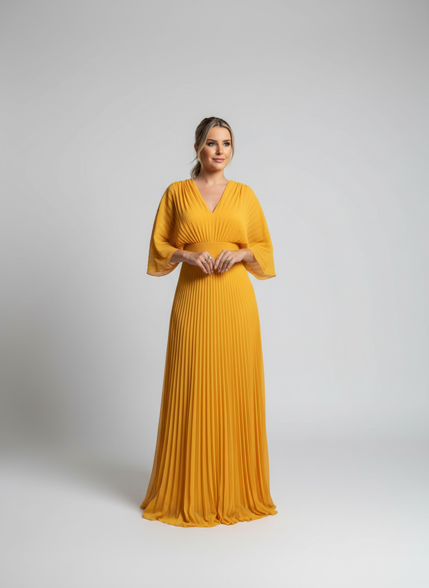 Women's Pleated Maxi Dress – Bell Sleeve Dress
