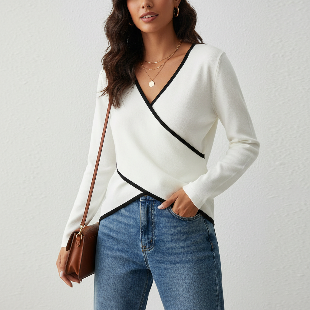 Women's Long Sleeve Wrap Top – Cross Front Fitted Waist Wrap Top