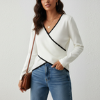 Women's Long Sleeve Wrap Top – Cross Front Fitted Waist Wrap Top