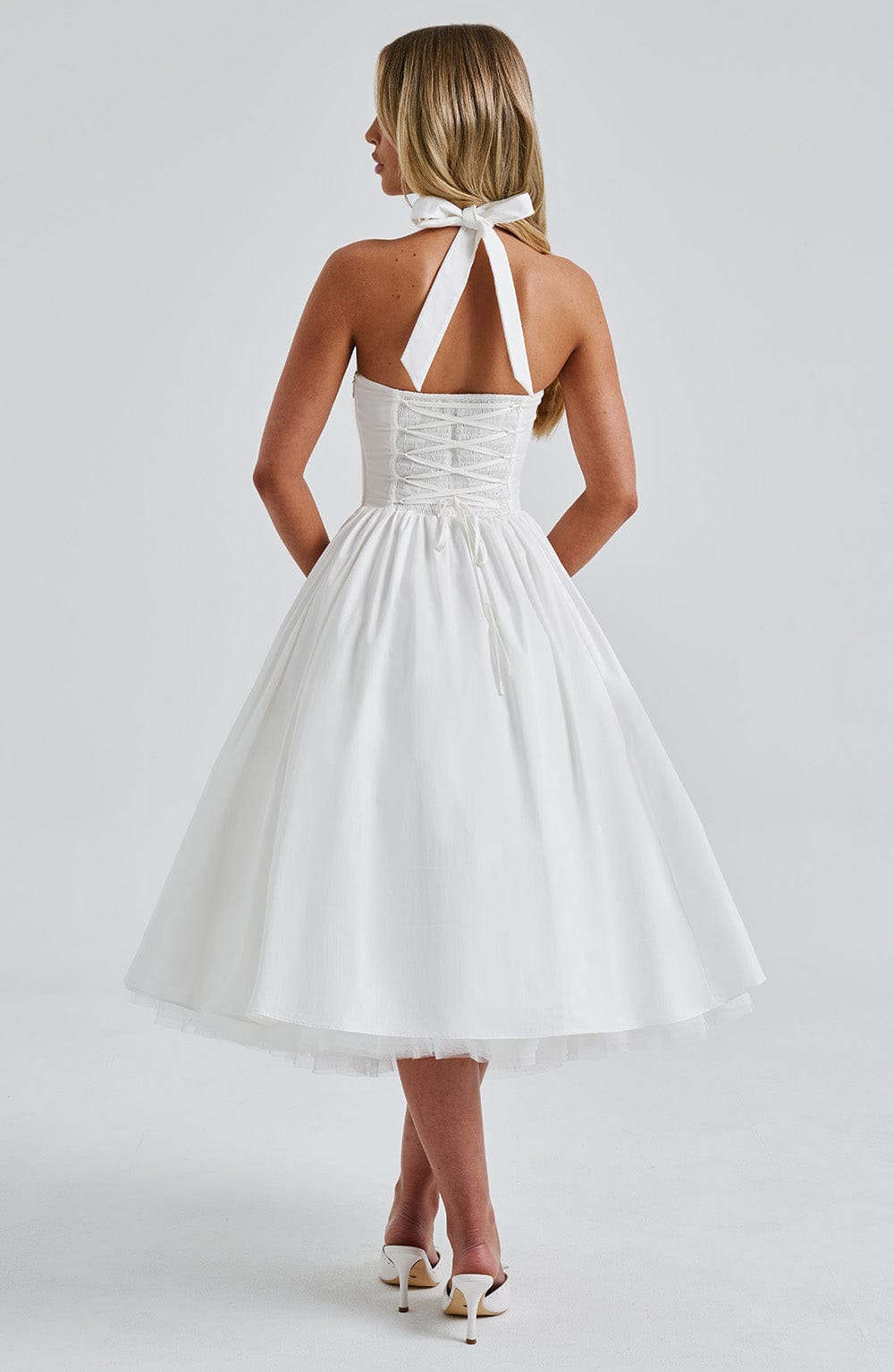 Women's Halter Neck Cocktail Midi Dress – Corset Back Pleated Dress