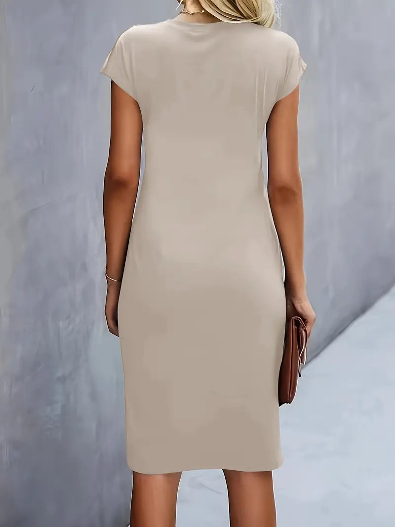 Women's Tailored Midi Dress – Round Neck Defined Waist Occasion Dress