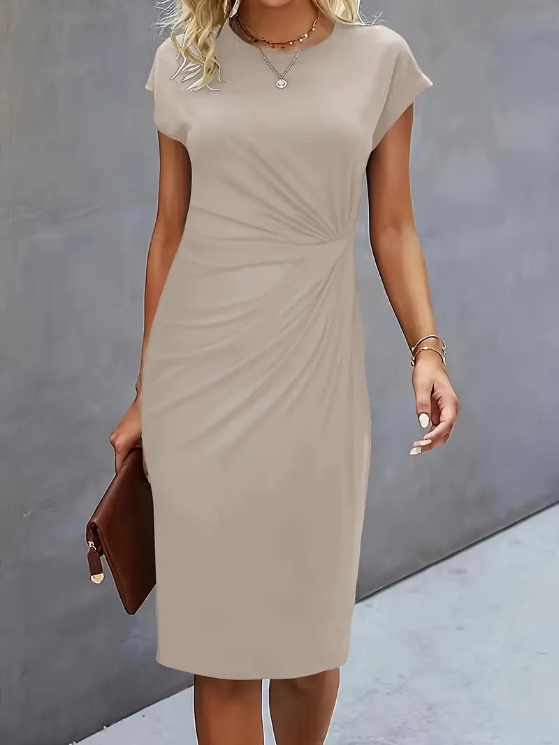 Women's Tailored Midi Dress – Round Neck Defined Waist Occasion Dress