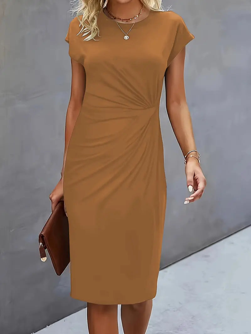 Women's Tailored Midi Dress – Round Neck Defined Waist Occasion Dress