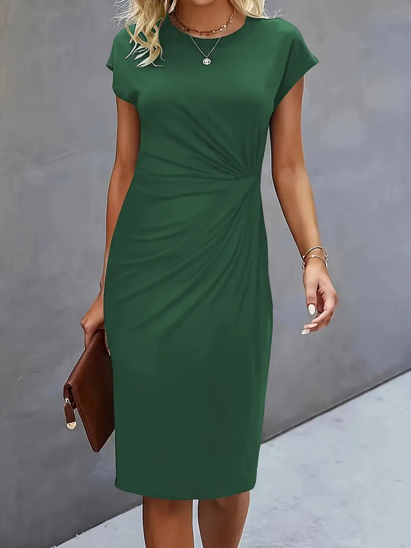 Women's Tailored Midi Dress – Round Neck Defined Waist Occasion Dress