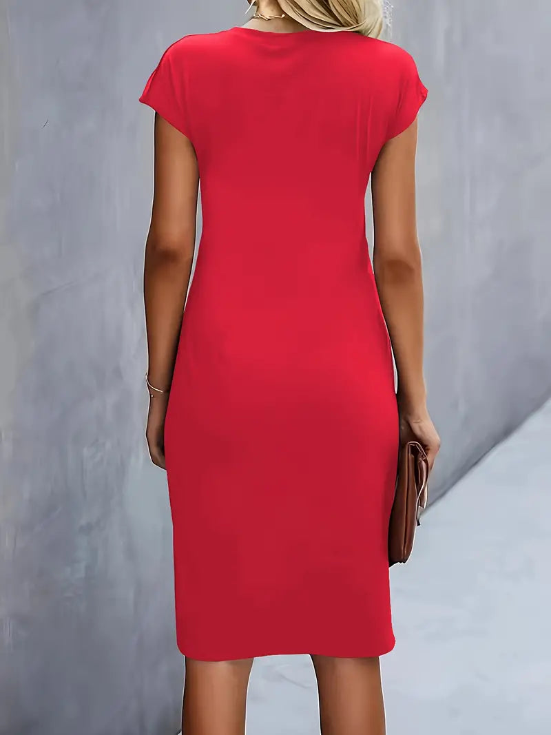 Women's Tailored Midi Dress – Round Neck Defined Waist Occasion Dress