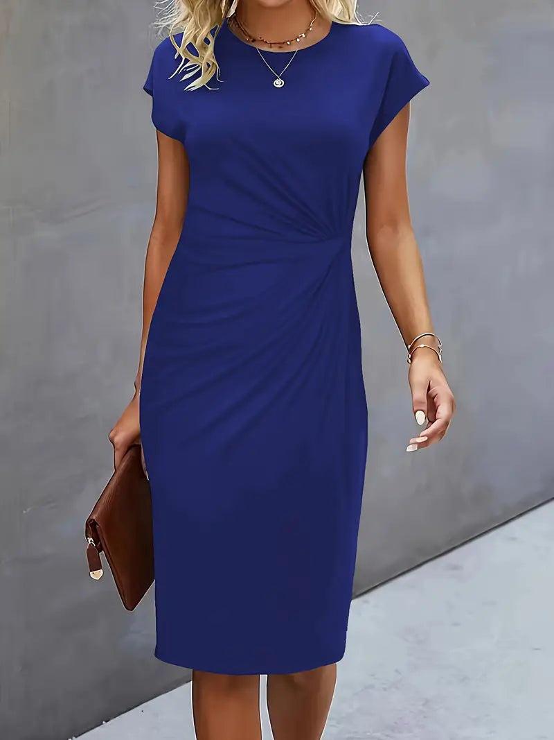 Women's Tailored Midi Dress – Round Neck Defined Waist Occasion Dress