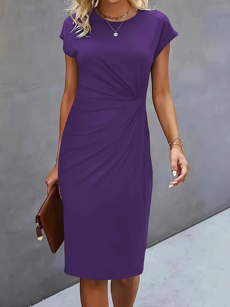Women's Tailored Midi Dress – Round Neck Defined Waist Occasion Dress