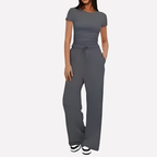 Women's Ruffle Crop Top Set – Wide Leg Lounge Pants Set