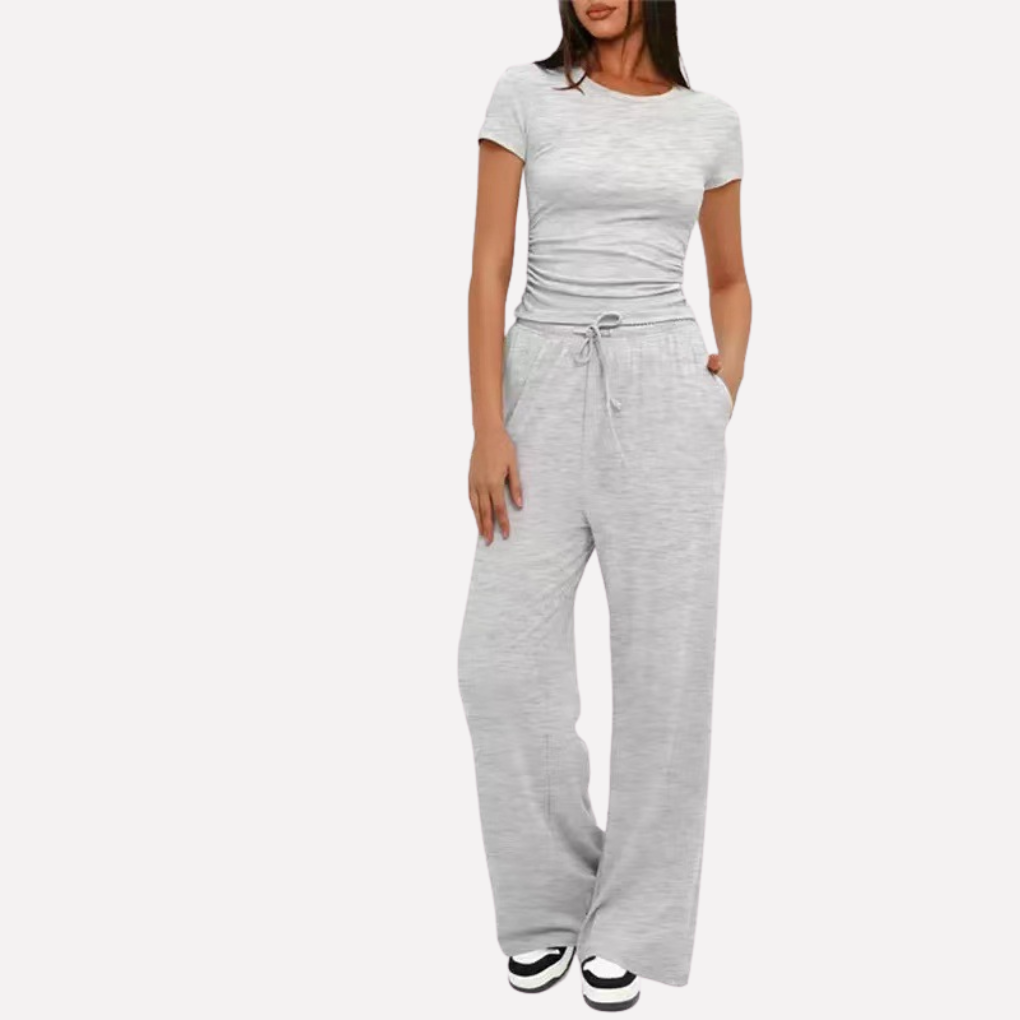 Women's Ruffle Crop Top Set – Wide Leg Lounge Pants Set