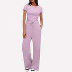 Women's Ruffle Crop Top Set – Wide Leg Lounge Pants Set