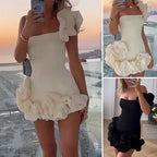 Women's Floral Applique Cocktail Dress – Ruffle Strap Embellished Mini Dress