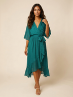 Women's Cocktail Wrap Midi Dress – V-Neck Tie Waist Billowy Sleeve Dress