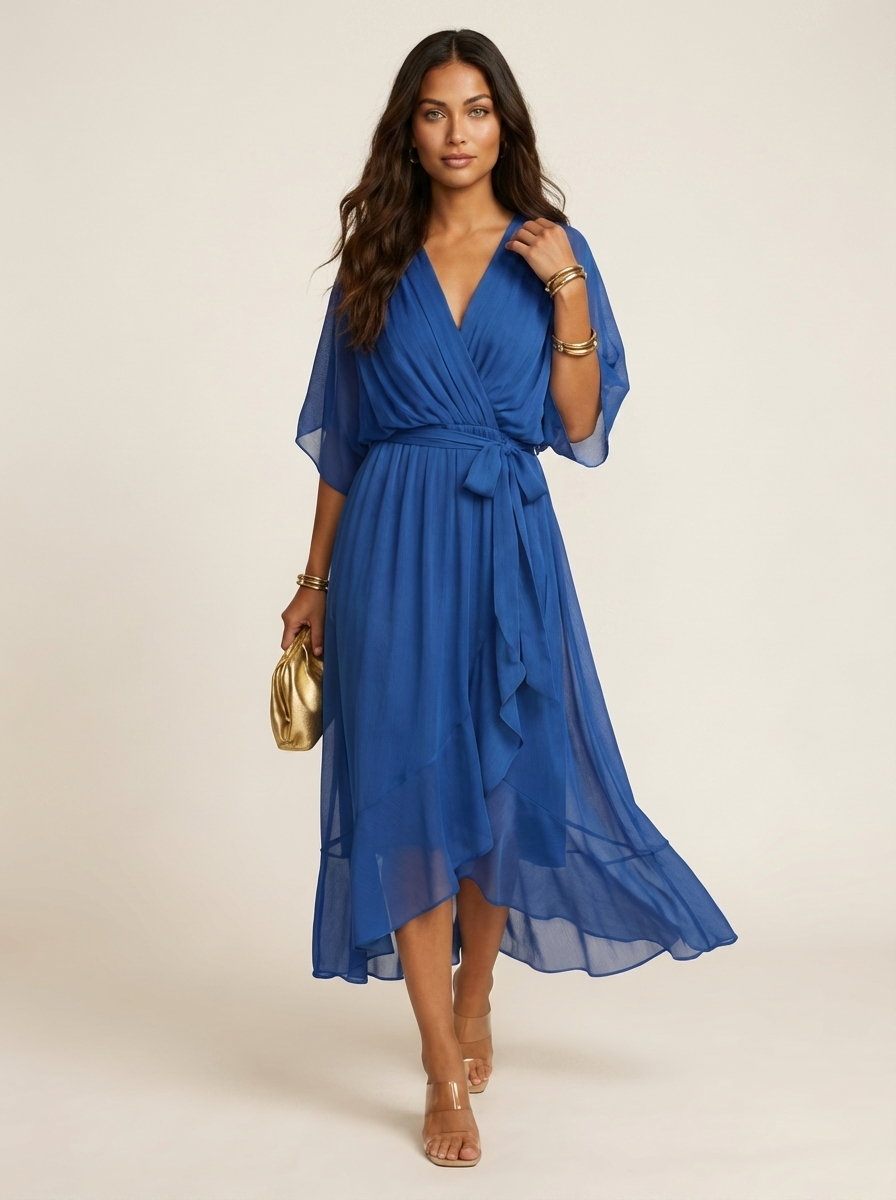 Women's Cocktail Wrap Midi Dress – V-Neck Tie Waist Billowy Sleeve Dress