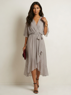 Women's Cocktail Wrap Midi Dress – V-Neck Tie Waist Billowy Sleeve Dress