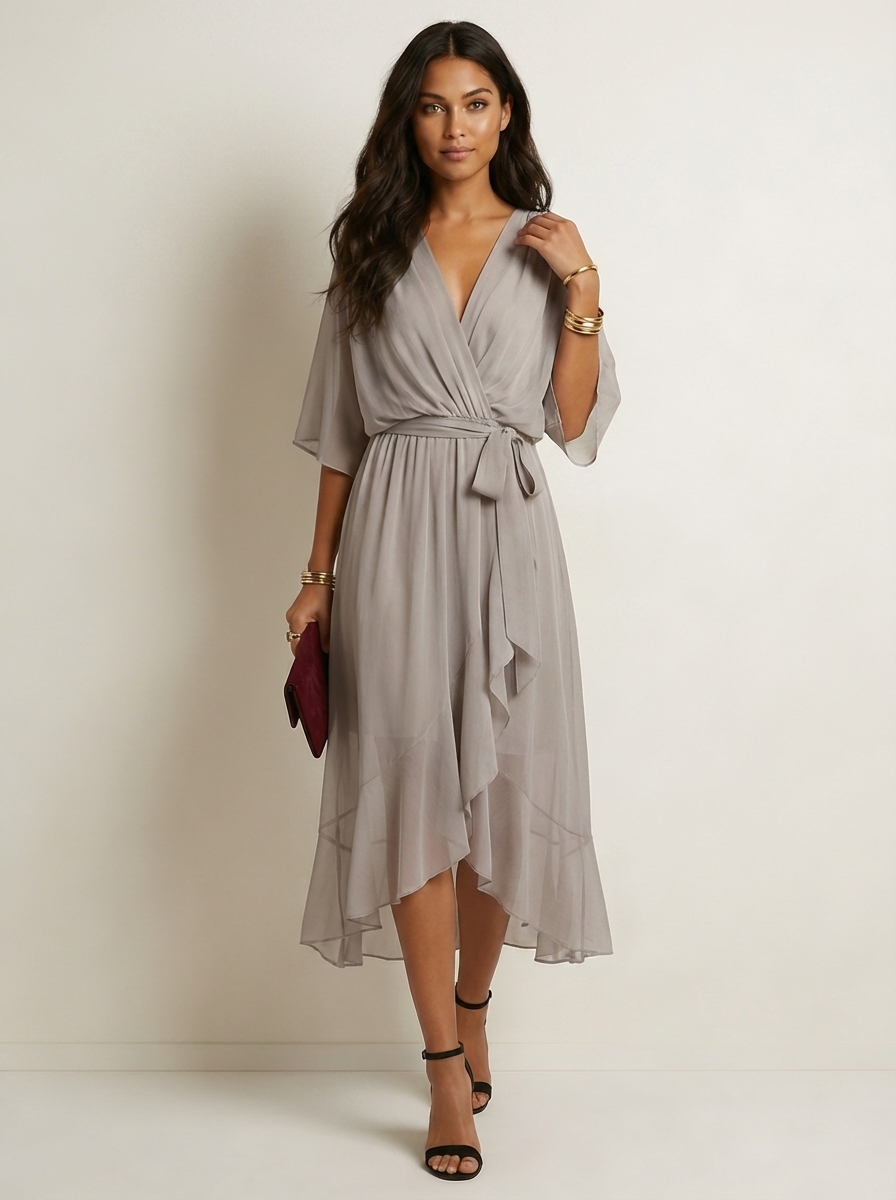 Women's Cocktail Wrap Midi Dress – V-Neck Tie Waist Billowy Sleeve Dress