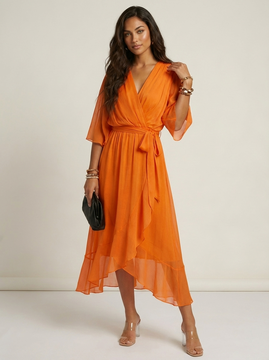 Women's Cocktail Wrap Midi Dress – V-Neck Tie Waist Billowy Sleeve Dress