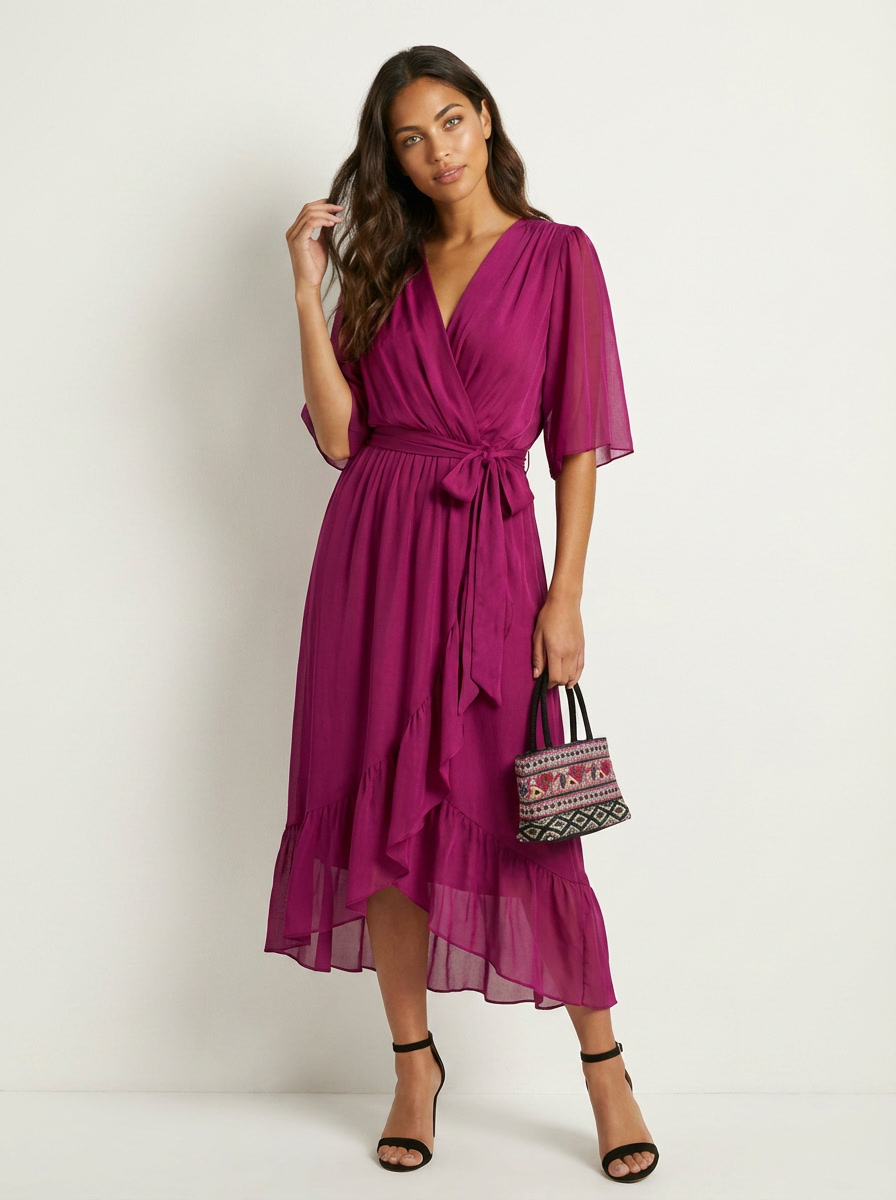 Women's Cocktail Wrap Midi Dress – V-Neck Tie Waist Billowy Sleeve Dress