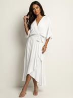 Women's Cocktail Wrap Midi Dress – V-Neck Tie Waist Billowy Sleeve Dress