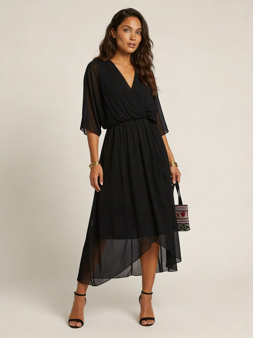 Women's Cocktail Wrap Midi Dress – V-Neck Tie Waist Billowy Sleeve Dress