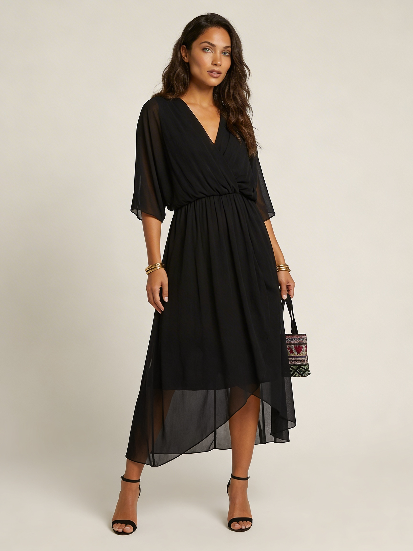 Women's Cocktail Wrap Midi Dress – V-Neck Tie Waist Billowy Sleeve Dress