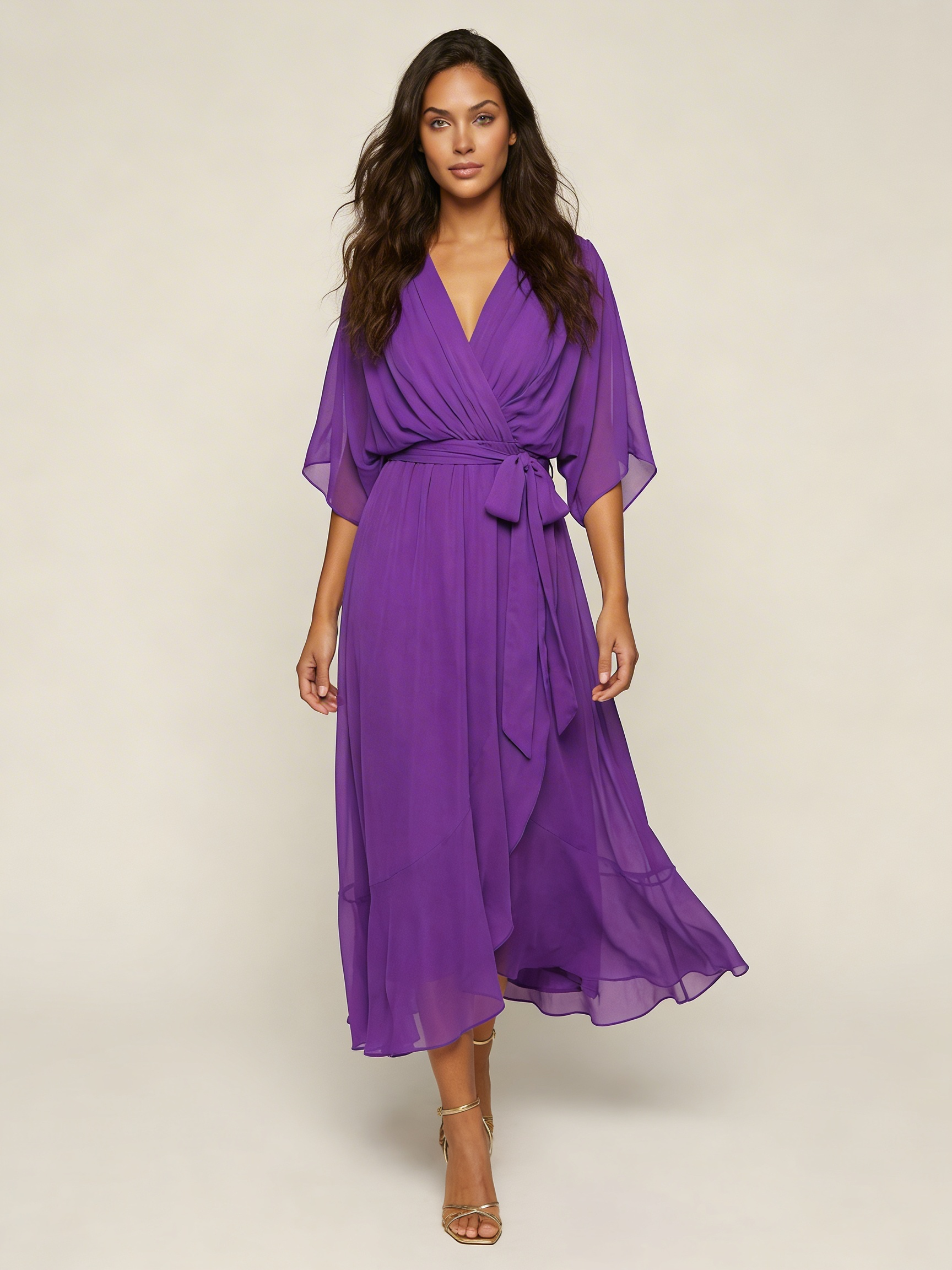 Women's Cocktail Wrap Midi Dress – V-Neck Tie Waist Billowy Sleeve Dress