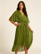 Women's Cocktail Wrap Midi Dress – V-Neck Tie Waist Billowy Sleeve Dress
