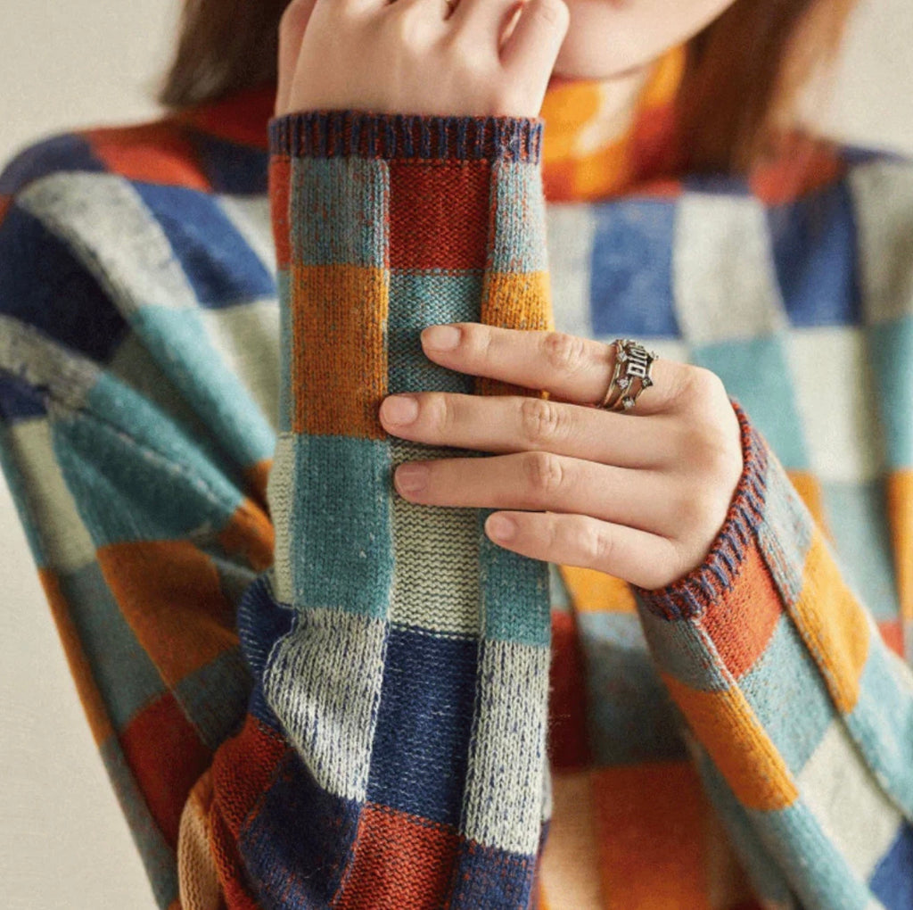 Women's Patchwork Turtleneck Sweater – High Neck Patterned Pullover