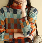 Women's Patchwork Turtleneck Sweater – High Neck Patterned Pullover