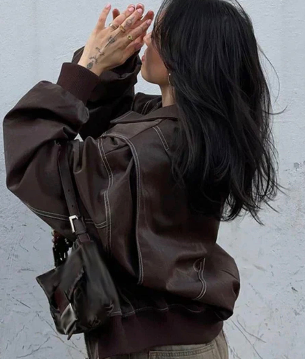 Women's Oversized Brown Bomber – Vintage Leather Look Zip Jacket