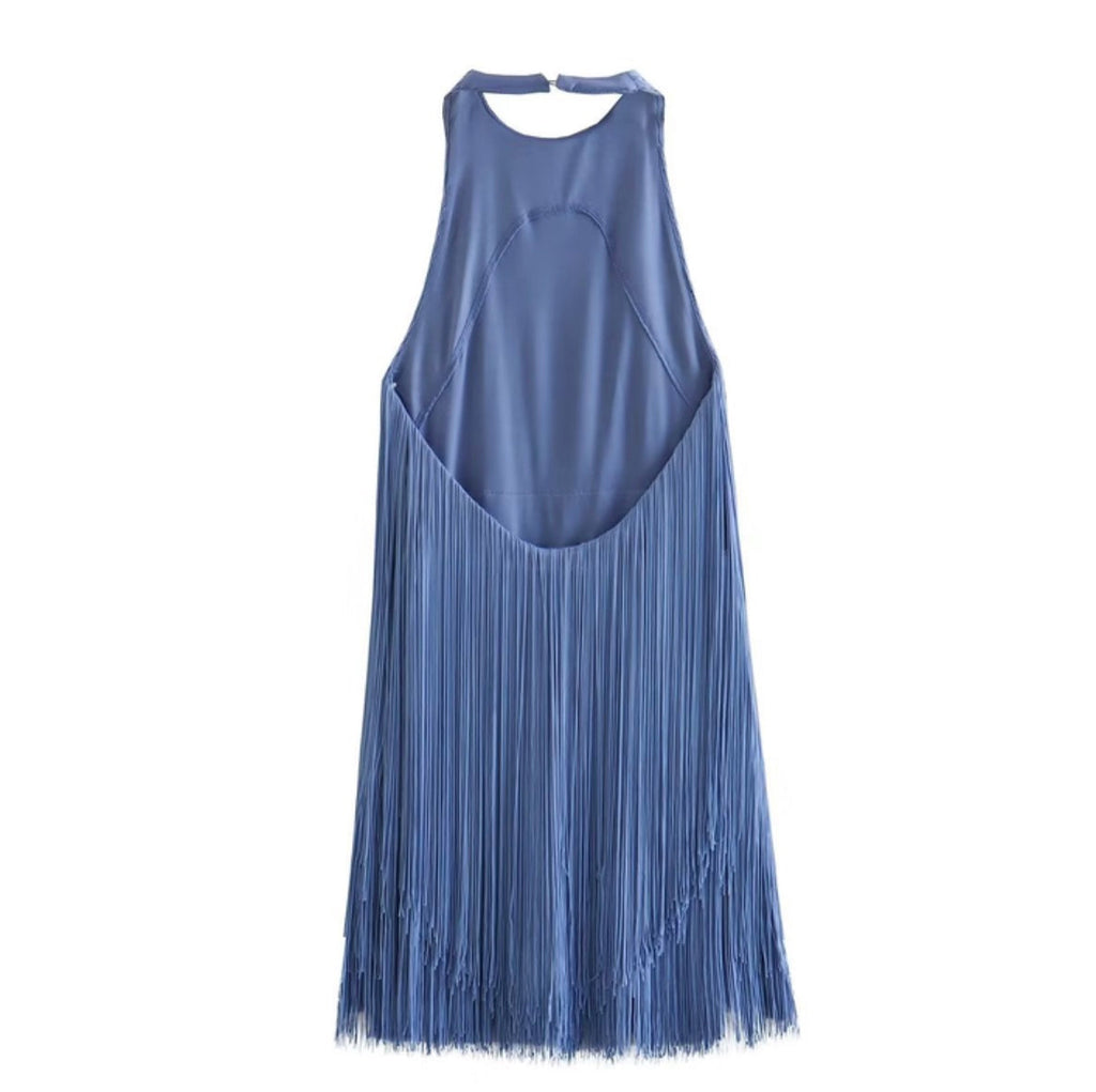 Women's Open Back Fringe Dress – Blue Statement Party Mini Dress