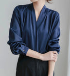 Women's Satin V-Neck Blouse – Puff Sleeve Pleated Waist Blouse