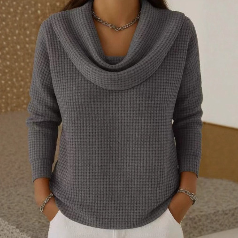 Women's Waterfall Neck Sweater – Waffle Texture Relaxed Knit Pullover