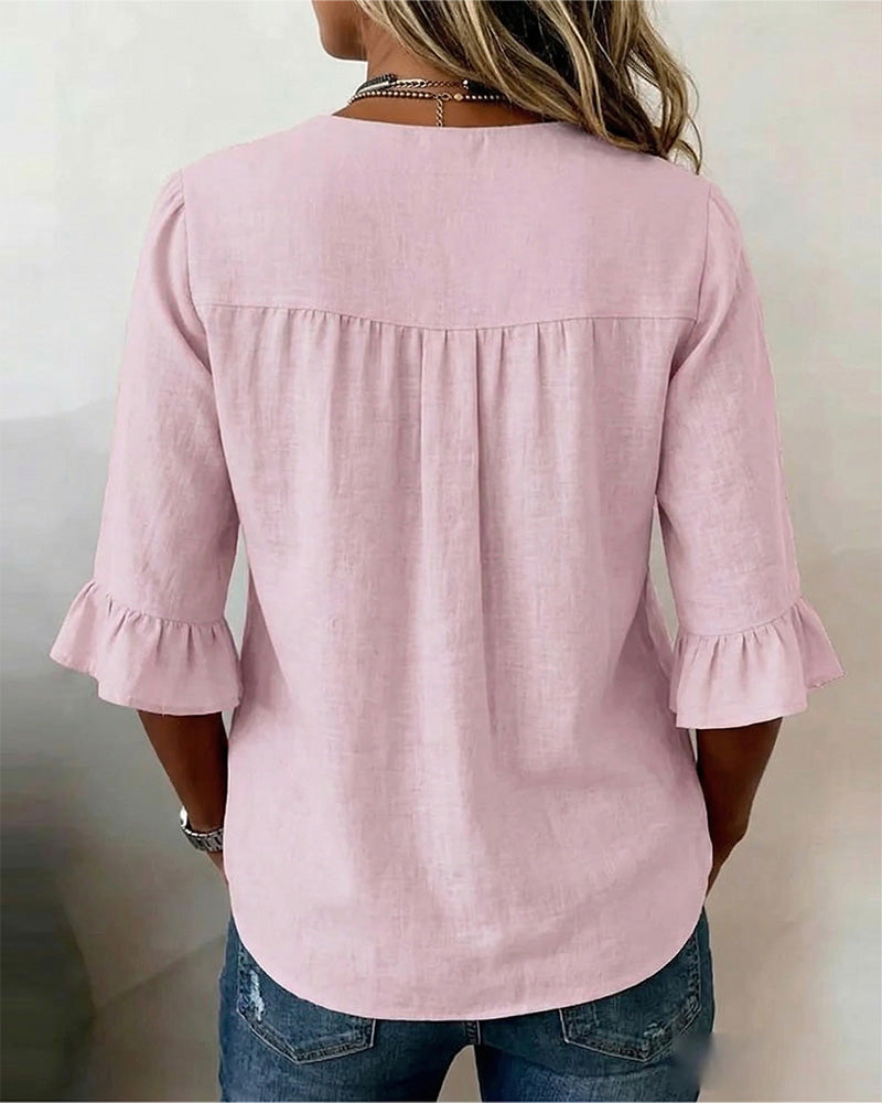 Women's Ruffle Front Blouse – Button Detail Flowy Long Sleeve Blouse