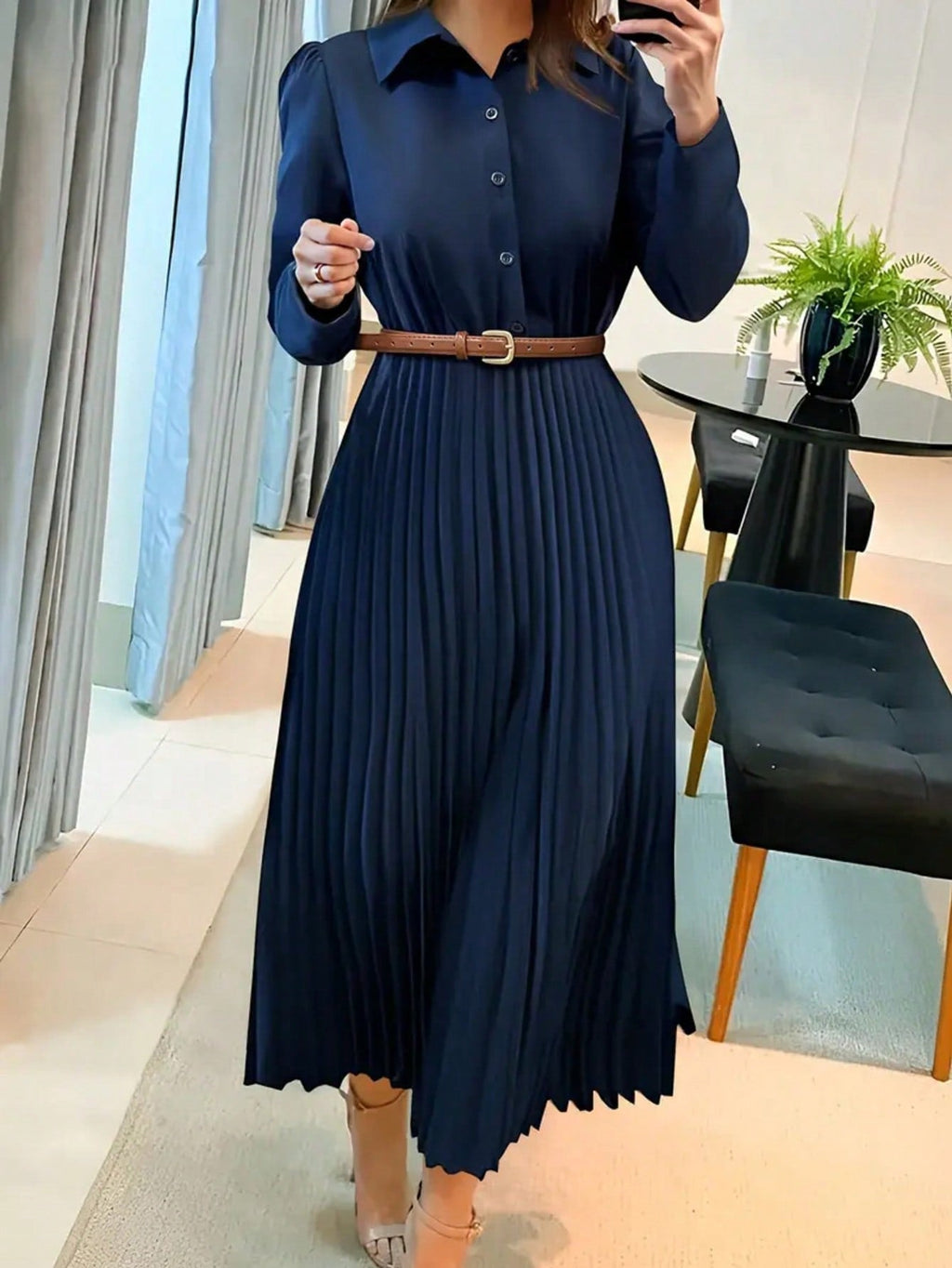 Women's Long Sleeve Pleated Dress – Collared Button Front A-Line Dress