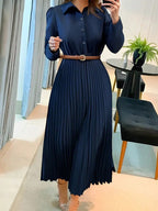 Women's Long Sleeve Pleated Dress – Collared Button Front A-Line Dress