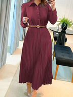 Women's Long Sleeve Pleated Dress – Collared Button Front A-Line Dress