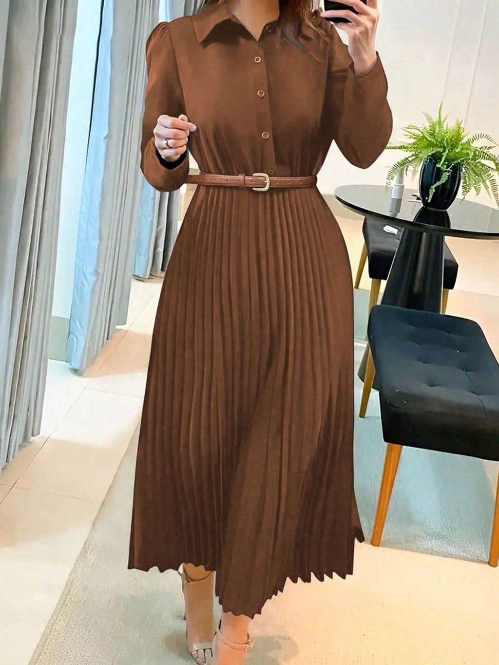 Women's Long Sleeve Pleated Dress – Collared Button Front A-Line Dress