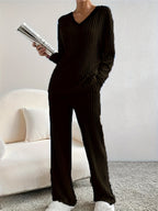 Women's Ribbed Lounge Set – V-Neck Knit Set